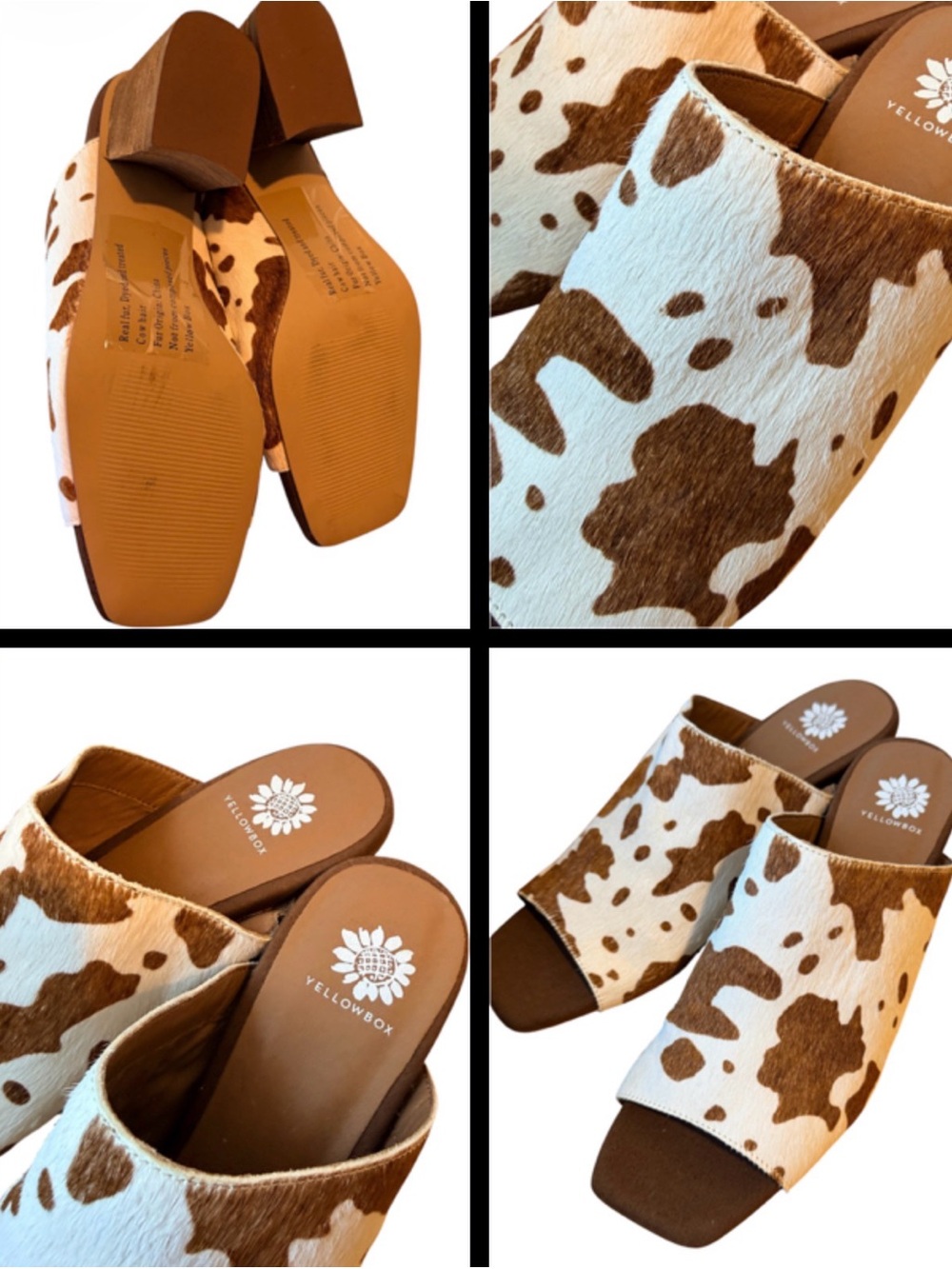 YellowBox 🩵 Brown & White Real Cowhide Slide Sandals New - Picture 2 of 4